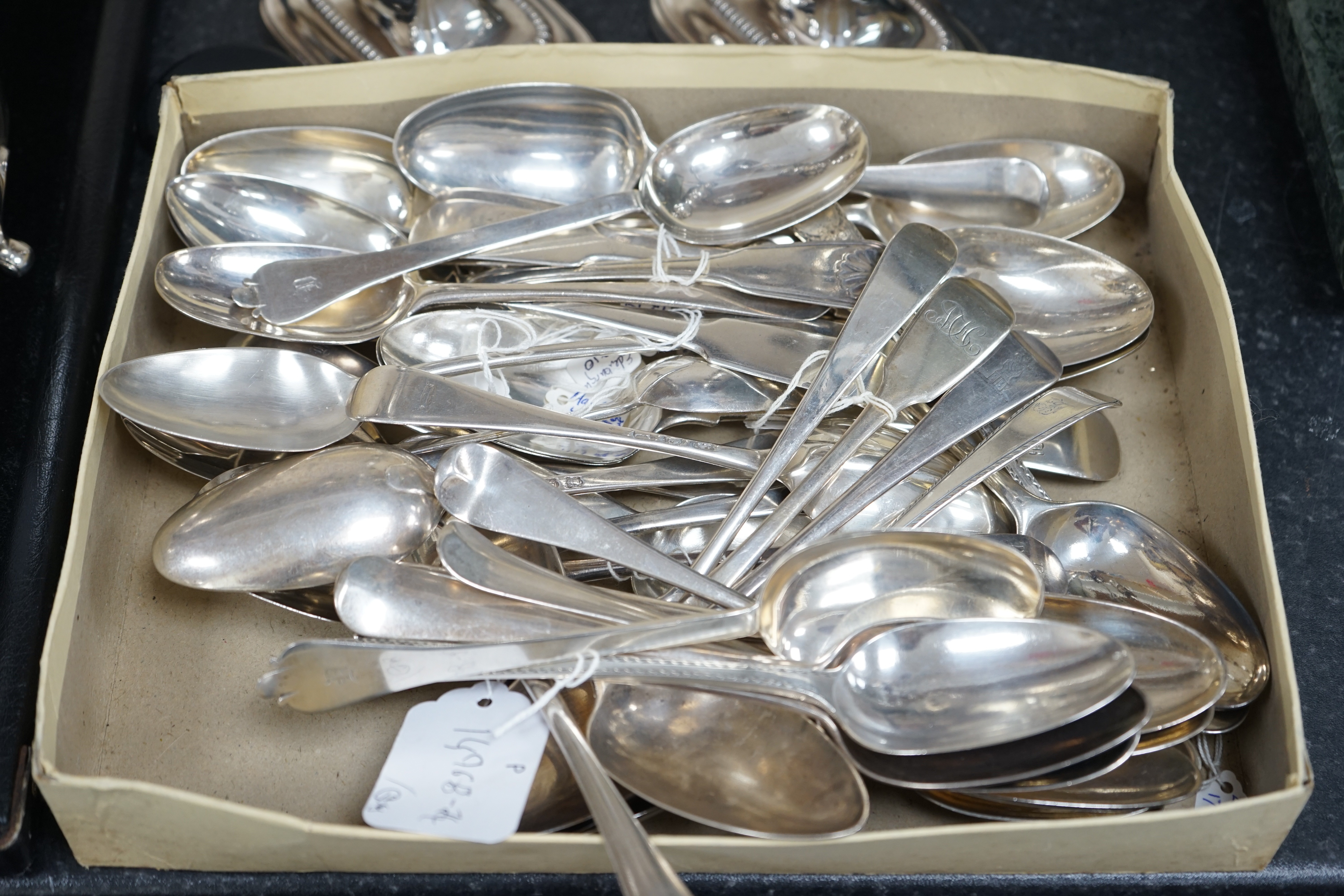 A collection of assorted 18th century and later silver table spoons, etc. various dates, patterns and makers, including a set of six Hanovarian pattern table spoons by Thomas Jackson I, London, 1742